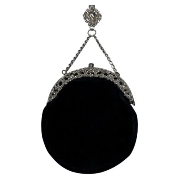 Vintage Victorian Style Silver Tone Mounted Black Velvet Bag with Belt Clip - Picture 1 of 14